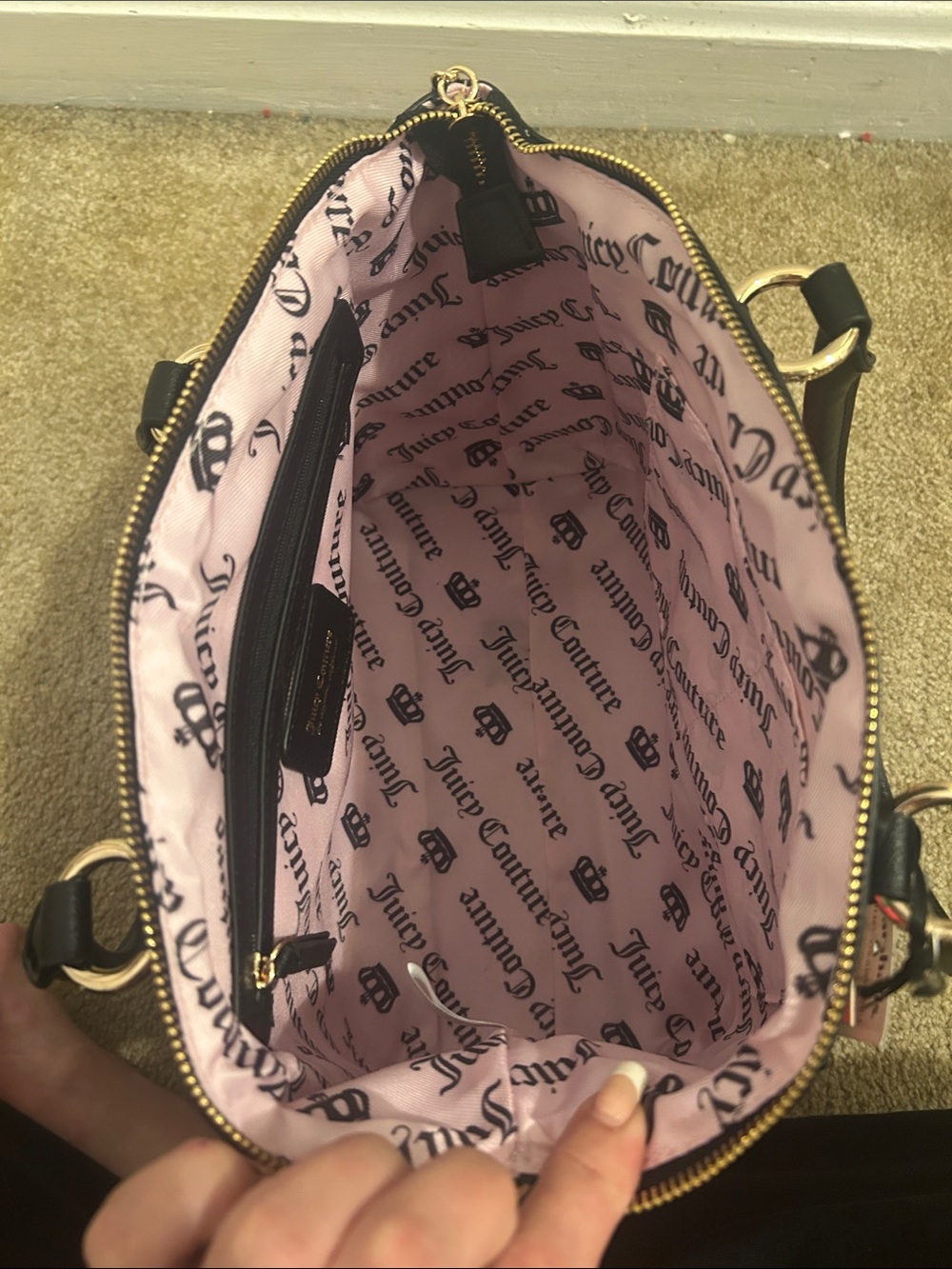 Juicy Couture Black Strawberry Print Satchel with Strawberry Charm - Picture 3 of 5